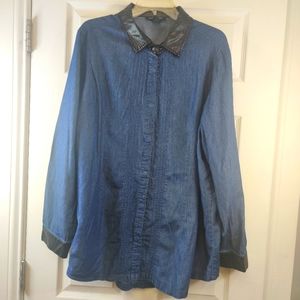 Ashley Stewart Womens Long Sleeve Plus Size Blue Jean Blouse 24 Blue/Black